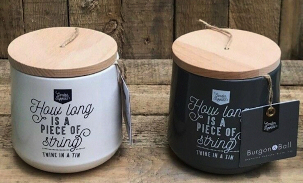 Twine Dispensers in Charcoal and stone colour with 120m jute twine inside. Sold by Usefulgear.