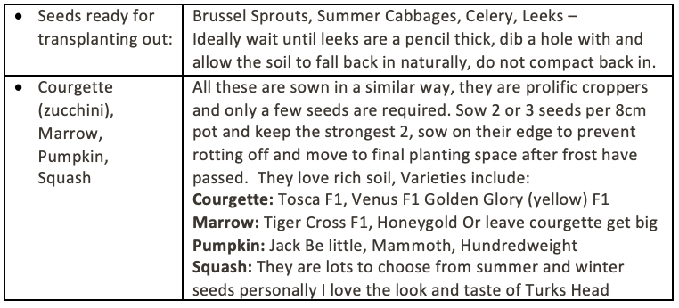 Indoor Seeds to sow in March table